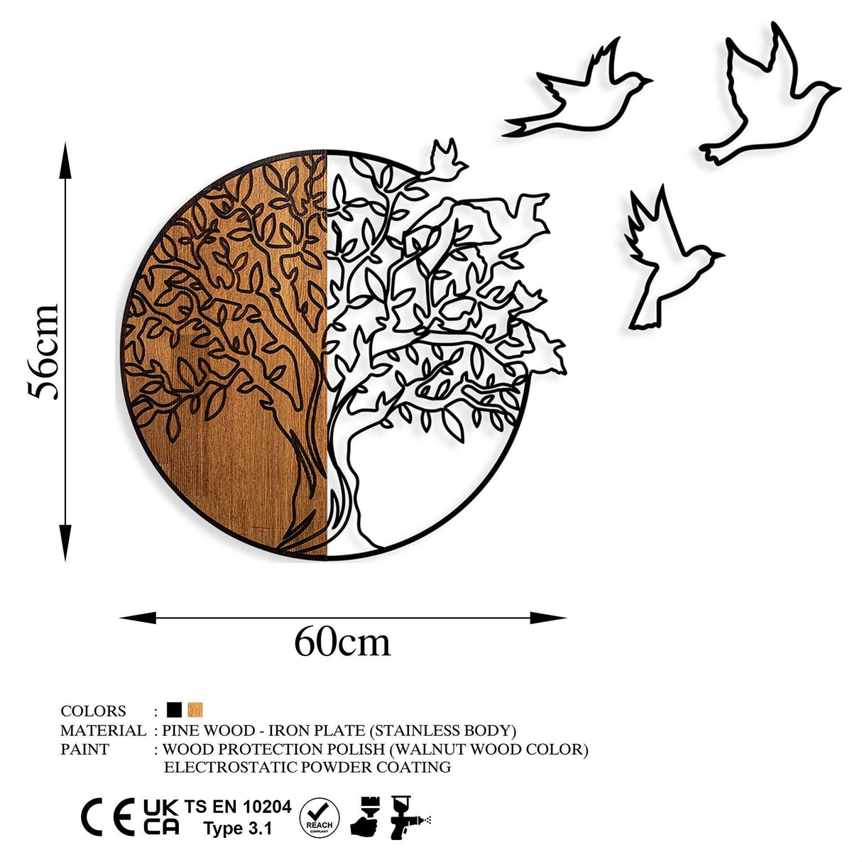 Decoratiune de perete lemn Tree And Birds 2, Nuc, 56x60 cm