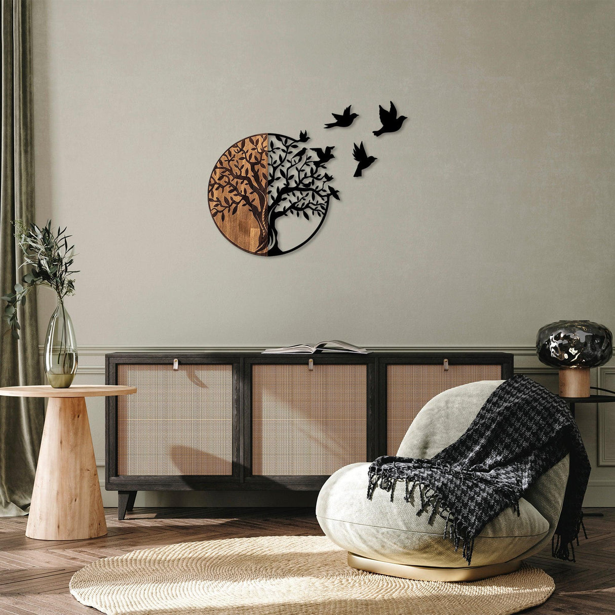 Decoratiune de perete lemn Tree And Birds - 322, Negru, 71x92 cm