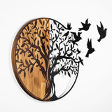 Decoratiune de perete lemn Tree And Birds - 322, Negru, 71x92 cm