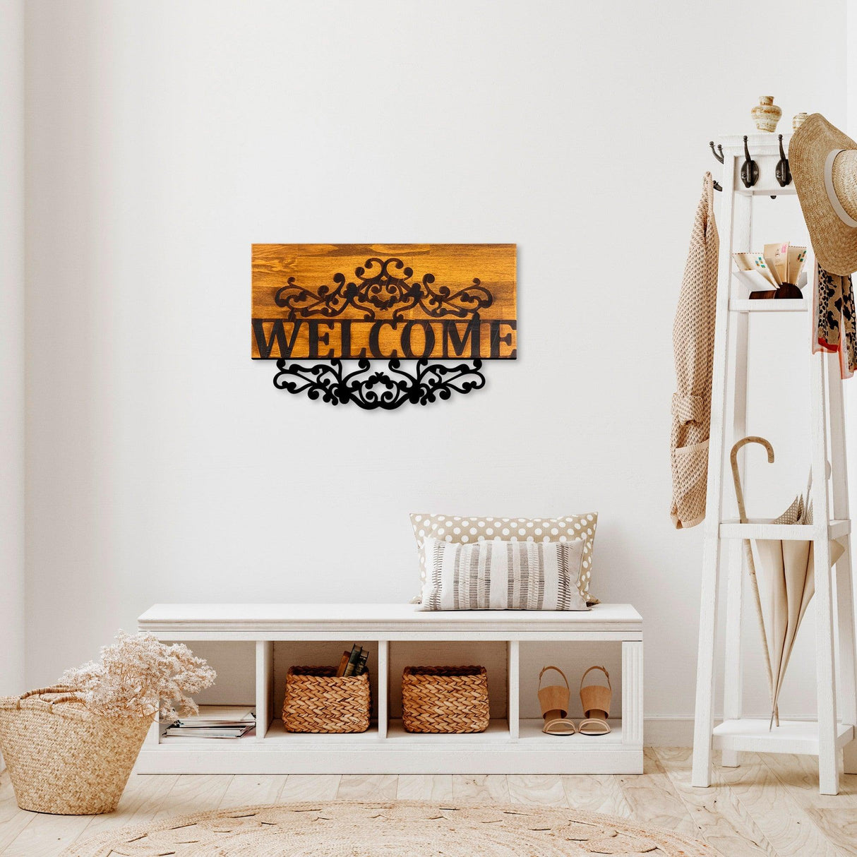 Decoratiune de perete lemn Welcome, Nuc, 58x36 cm