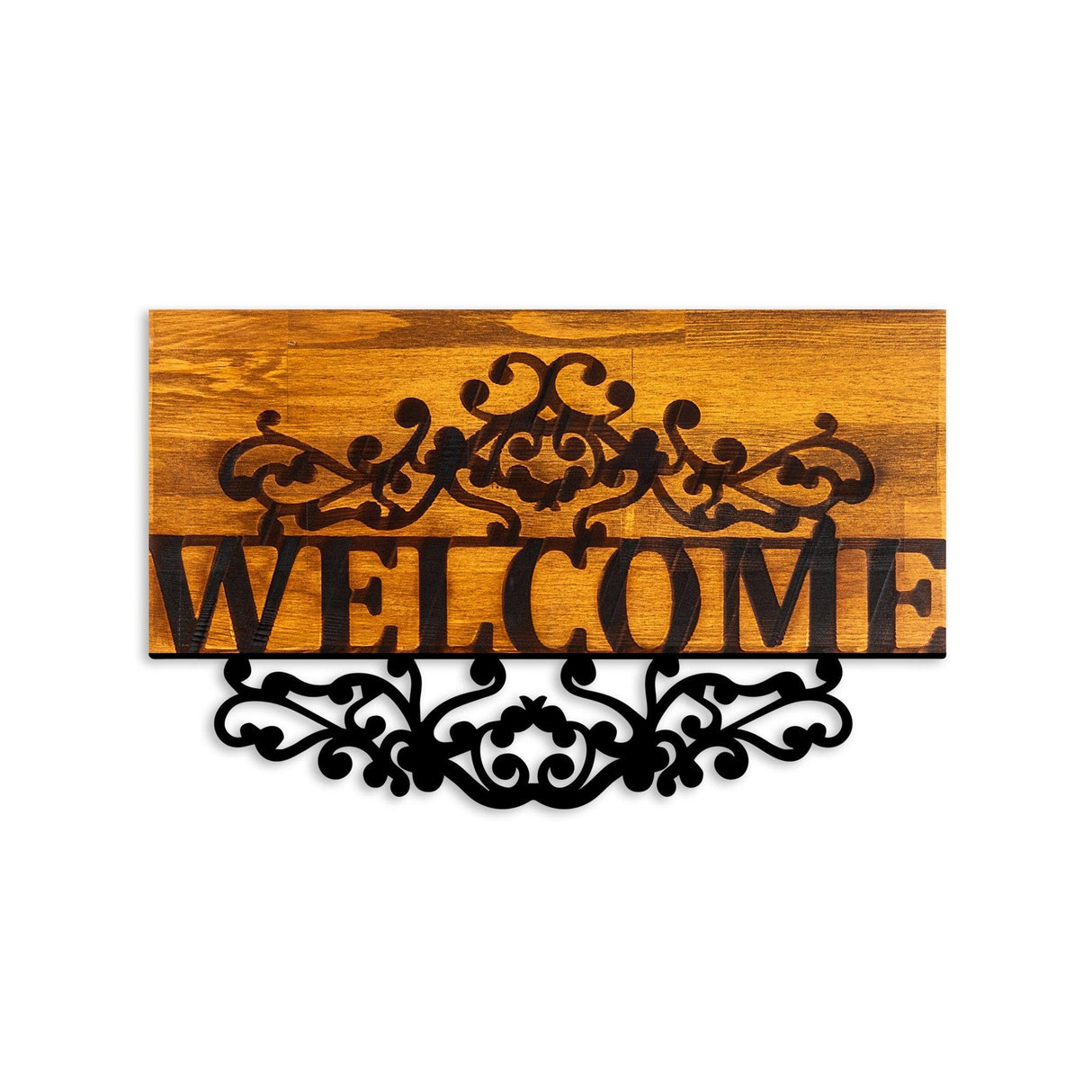 Decoratiune de perete lemn Welcome, Nuc, 58x36 cm