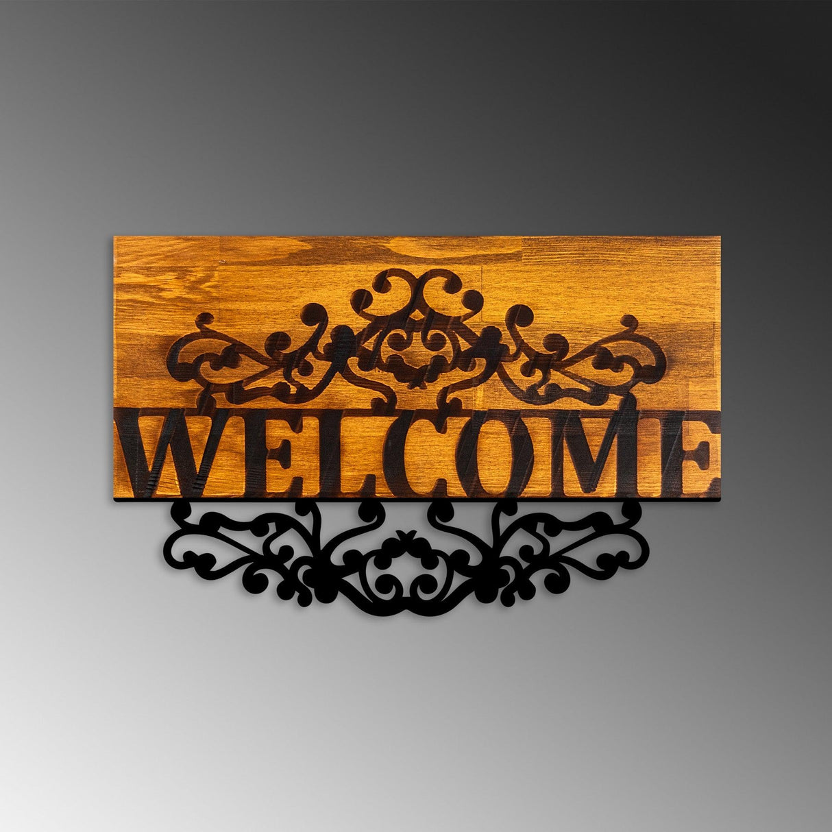 Decoratiune de perete lemn Welcome, Nuc, 58x36 cm