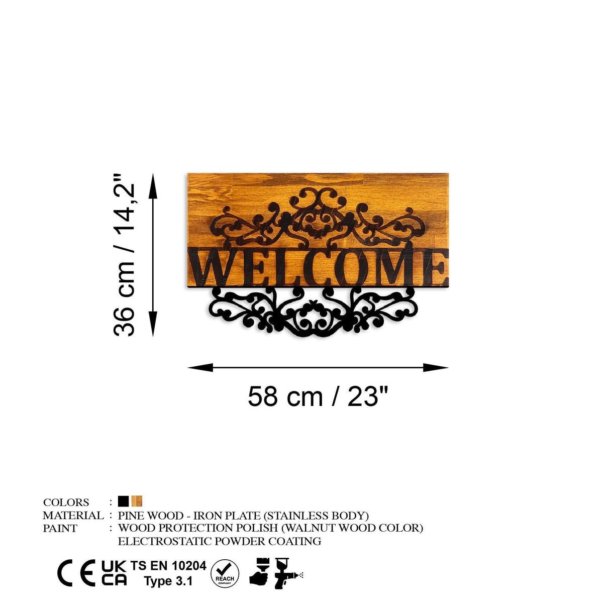 Decoratiune de perete lemn Welcome, Nuc, 58x36 cm