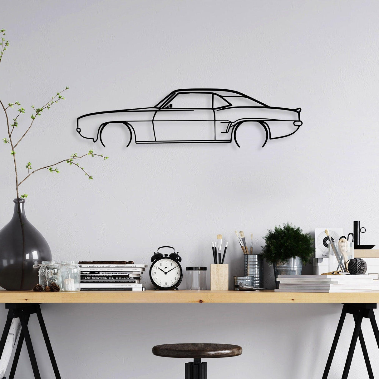 Decoratiune de perete Metal Chevrolet Camaro V2 Silhouette, Negru, 18x70 cm