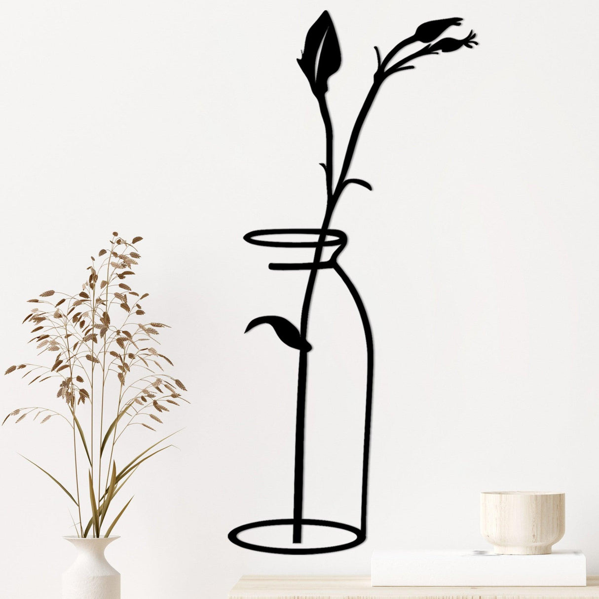 Decoratiune de perete Metal Flower In The Vase, Negru, 71x33 cm