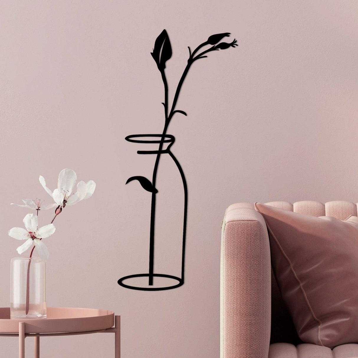 Decoratiune de perete Metal Flower In The Vase, Negru, 71x33 cm