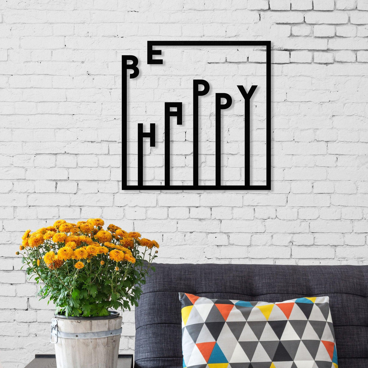 Decoratiune de perete Metal Happy, Negru, 40x40 cm
