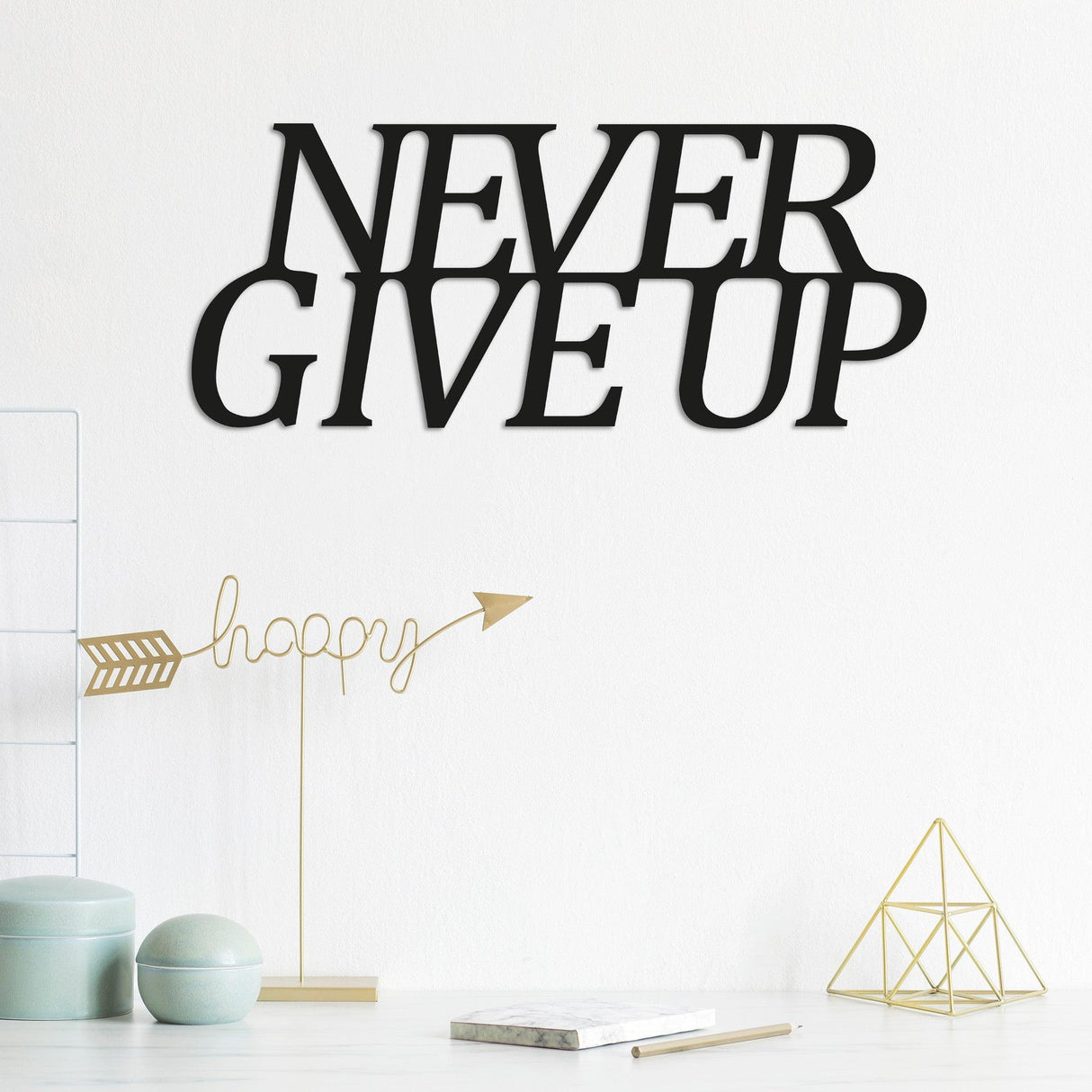 Decoratiune de perete Metal Never Gıve Up-metal, Cupru, 20x50 cm - Negru