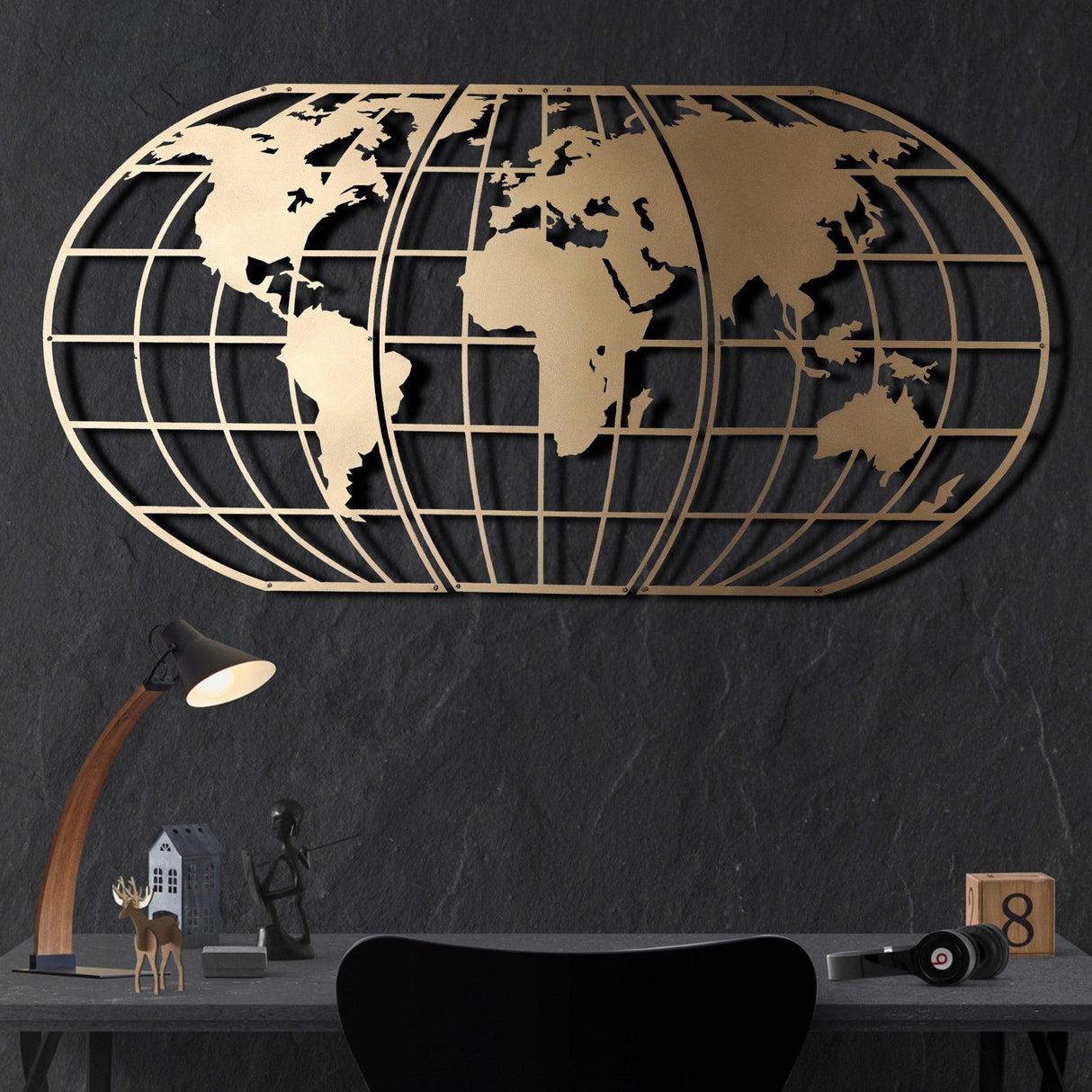 Decoratiune de perete Metal World Map Globe - Gold, Aur, 120x60 cm
