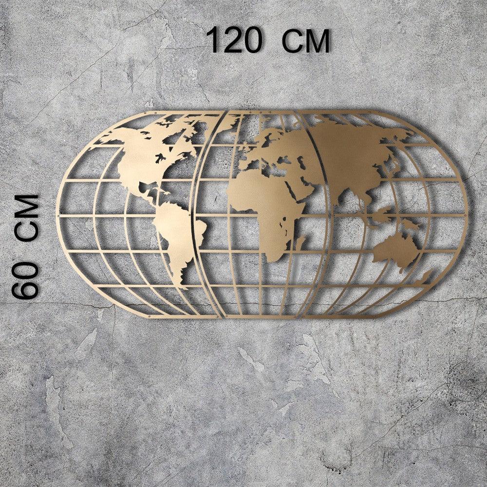 Decoratiune de perete Metal World Map Globe - Gold, Aur, 120x60 cm