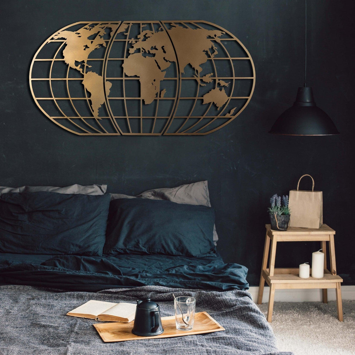 Decoratiune de perete Metal World Map Globe - Gold, Aur, 120x60 cm