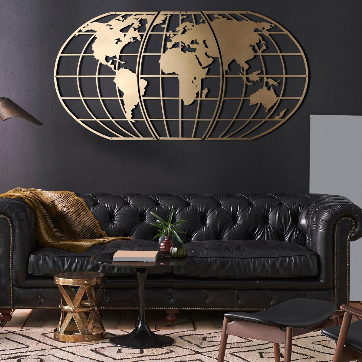 Decoratiune de perete Metal World Map Globe - Gold, Aur, 120x60 cm