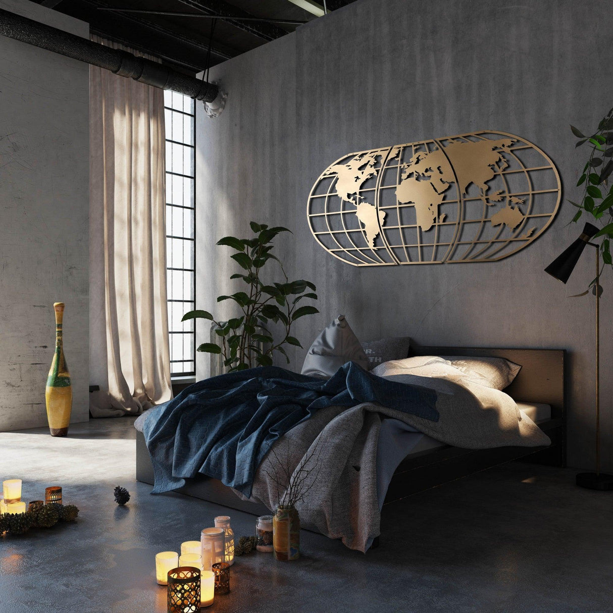 Decoratiune de perete Metal World Map Globe - Gold, Aur, 120x60 cm