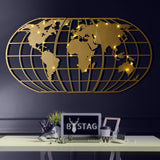 Decoratiune de perete Metal World Map Globe Led - Gold, Aur, 120x60 cm