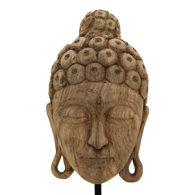 Decoratiune masa Buddha Mask din lemn mango Natural si fier, 20x18x48 cm