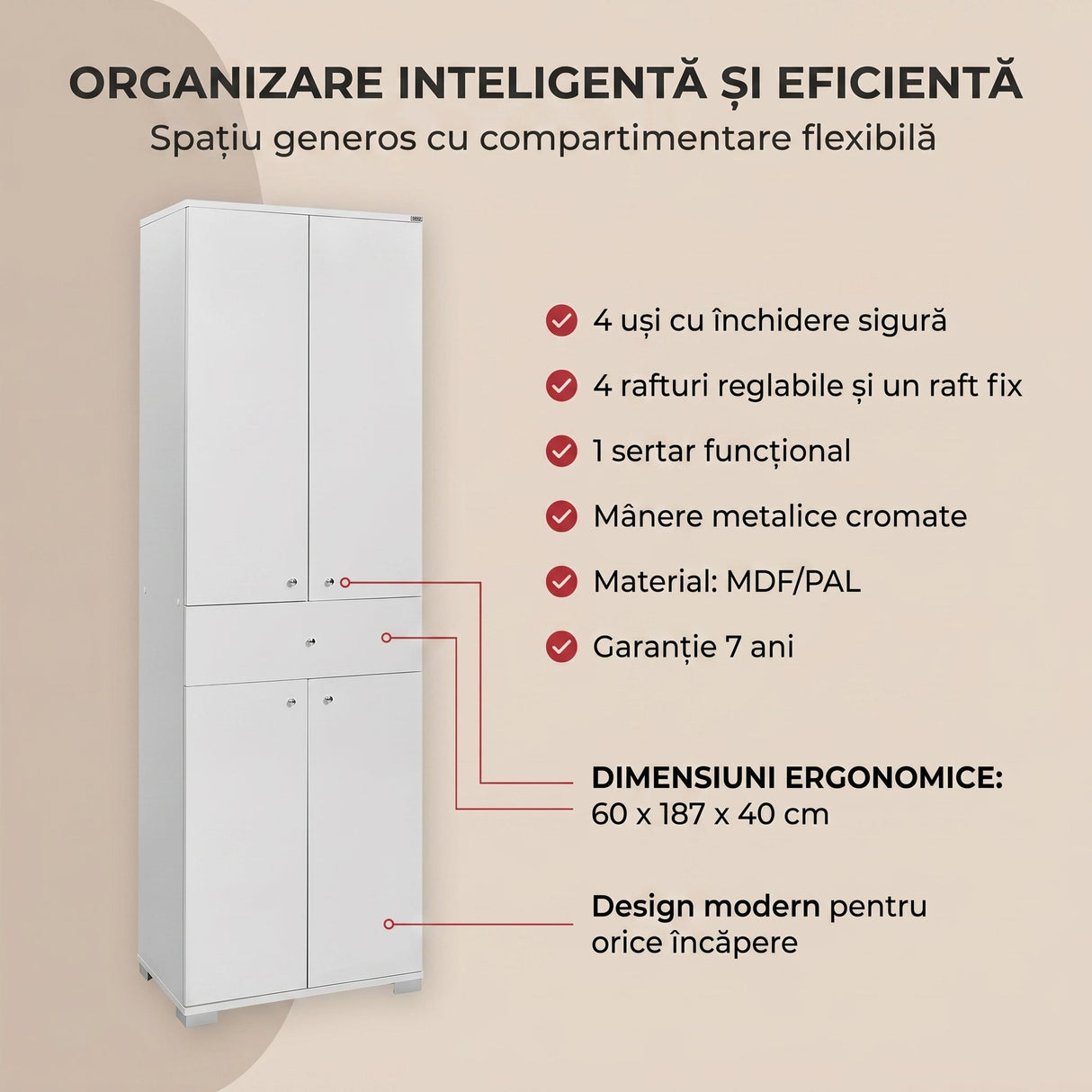 Dulap ADR-441-PP-1 Home Collection® Diamond, Multifunctional, 4 usi, 4 rafturi, 1 sertar, Alb, 60x187x40 cm