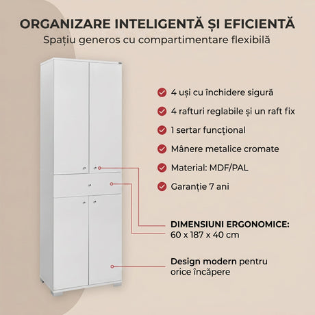 Dulap ADR-441-PP-1 Home Collection® Diamond, Multifunctional, 4 usi, 4 rafturi, 1 sertar, Alb, 60x187x40 cm