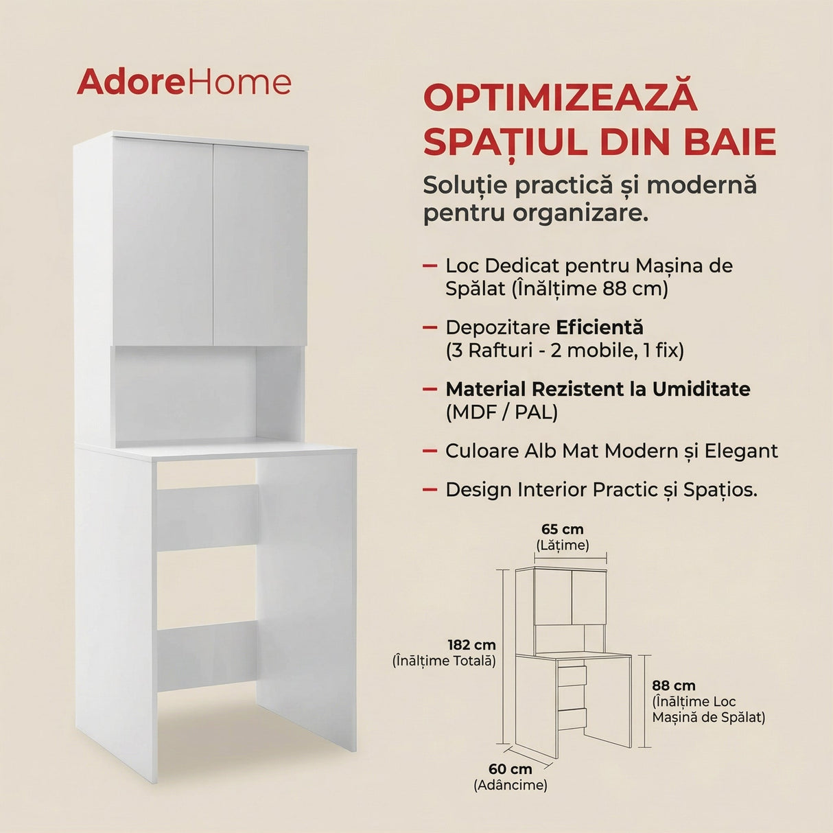 Dulap Baie ADR-482-BB-1 Home Collection® cu Loc Pentru Masina de Spalat, 3 Rafturi, 2 Usi, Alb, 65x182x60 cm