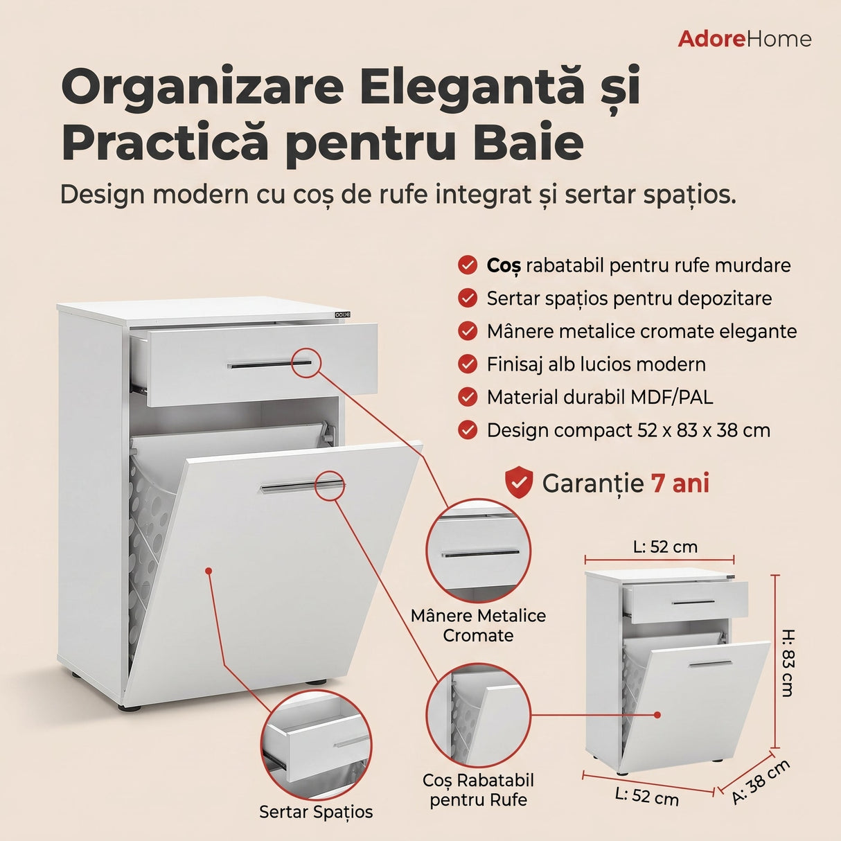 Dulap Baie cu cos de rufe ADR-611-PP-1 Home Collection® Diamond Mini, sertar, Alb Lucios, 52x83x38 cm