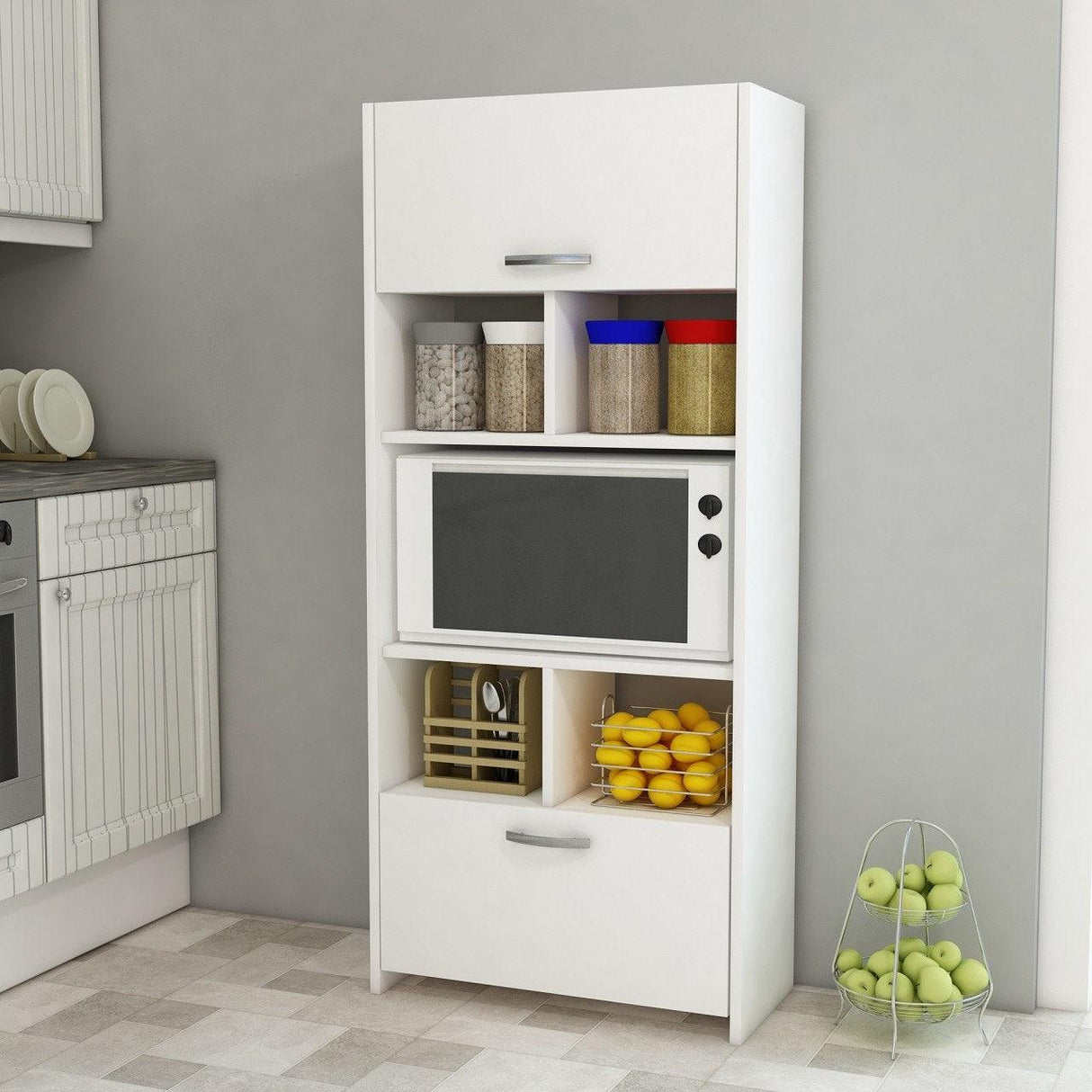 Dulap Bucatarie cu loc de Microunde si Rafturi, Alb, 65x35x140 cm