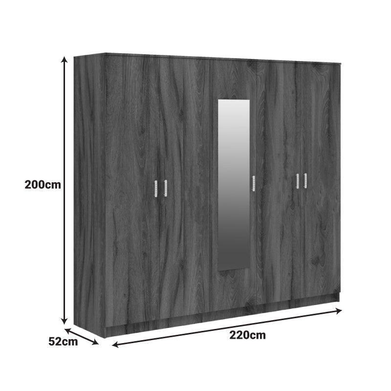 Dulap Luna cu 5 usi si oglinda, 220x52x200 cm - Nuc-Stejar