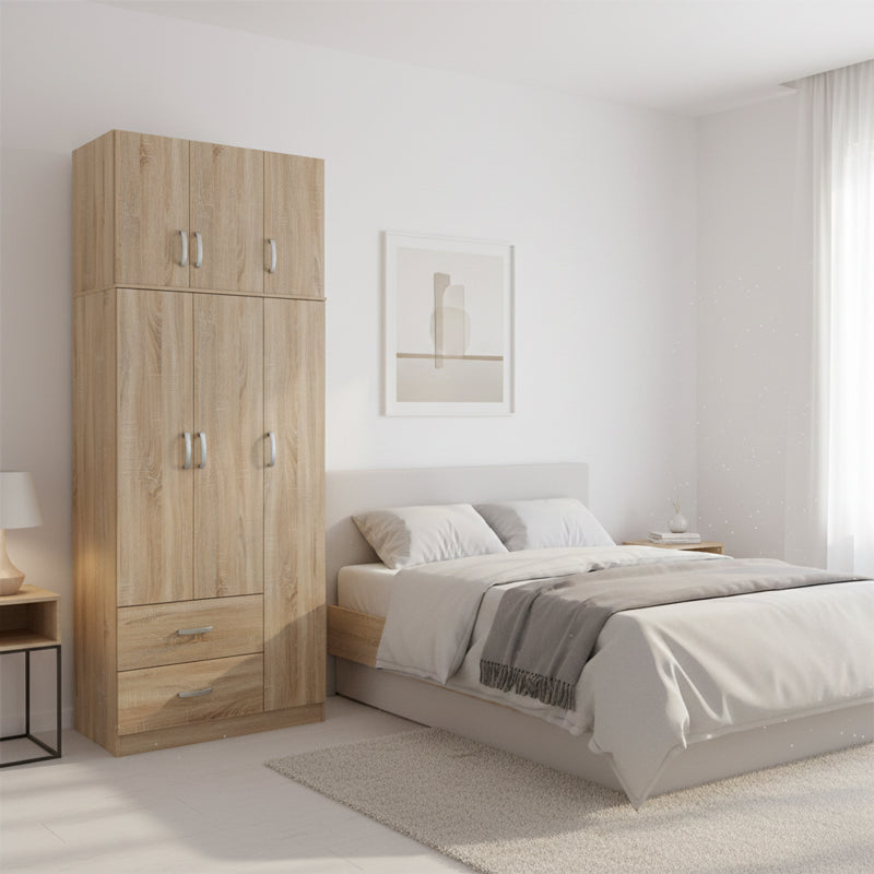 Dulap Athos cu 3 usi, 2 sertare si loft, 90x42x240 cm - Stejar