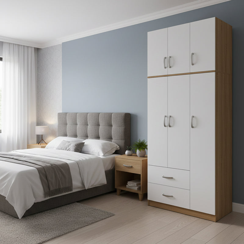 Dulap Athos cu 3 usi, 2 sertare si loft, 90x42x240 cm - Stejar-Alb
