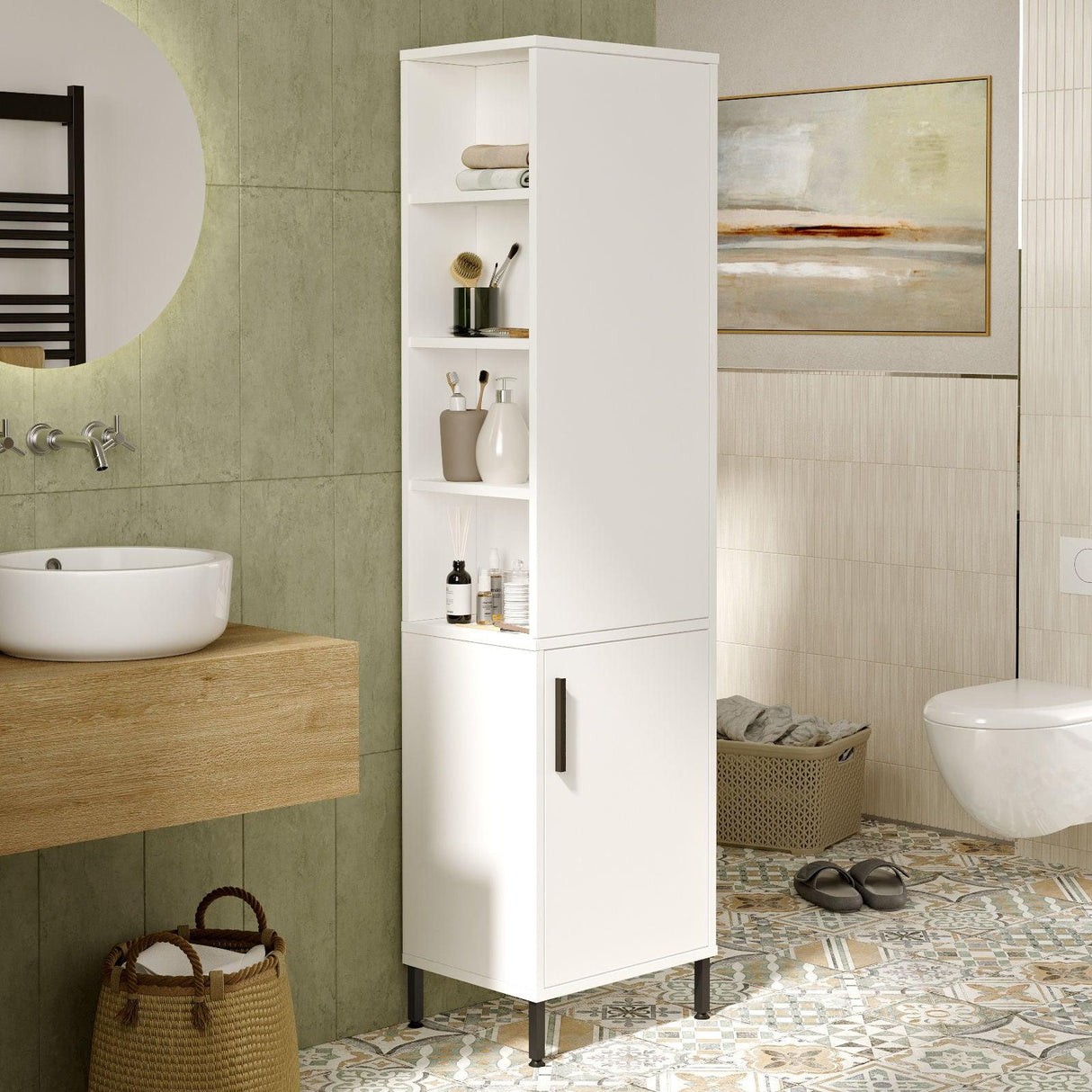Dulap de Baie Lux cu 2 usi, Alb - Nuc, 45x36x174 cm - Alb