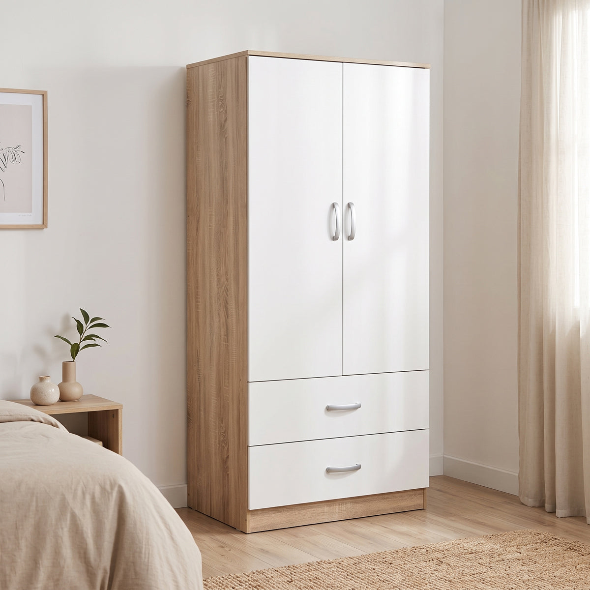 Alb-Sonoma | SKU: 383-000321 | Dulap de haine Alvia cu 2 uși și 2 sertare, 80x52x180 cm, varianta Alb-Sonoma, produs pentru amenajarea locuinței, disponibil online în România la CasaMob