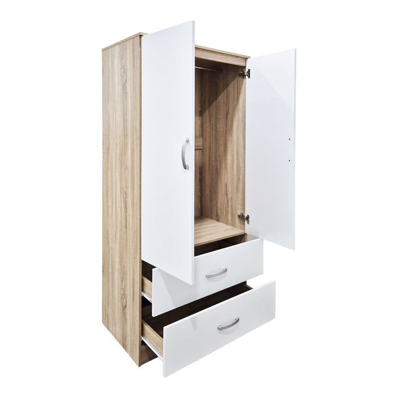 Alb-Sonoma | SKU: 383-000321 | Dulap de haine Alvia cu 2 uși și 2 sertare, 80x52x180 cm, varianta Alb-Sonoma, produs pentru amenajarea locuinței, disponibil online în România la CasaMob