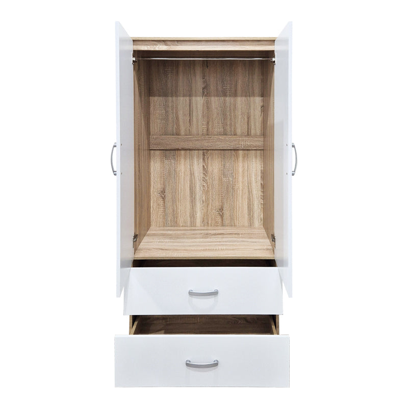 Alb-Sonoma | SKU: 383-000321 | Dulap de haine Alvia cu 2 uși și 2 sertare, 80x52x180 cm, varianta Alb-Sonoma, produs pentru amenajarea locuinței, disponibil online în România la CasaMob