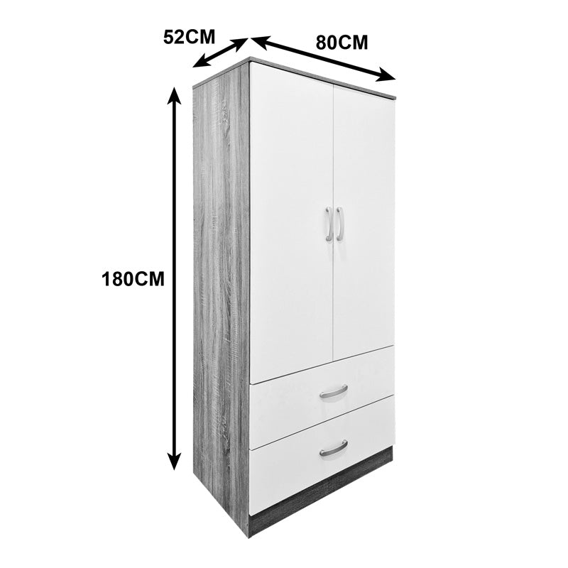 Alb-Sonoma | SKU: 383-000321 | Dulap de haine Alvia cu 2 uși și 2 sertare, 80x52x180 cm, varianta Alb-Sonoma, produs pentru amenajarea locuinței, disponibil online în România la CasaMob