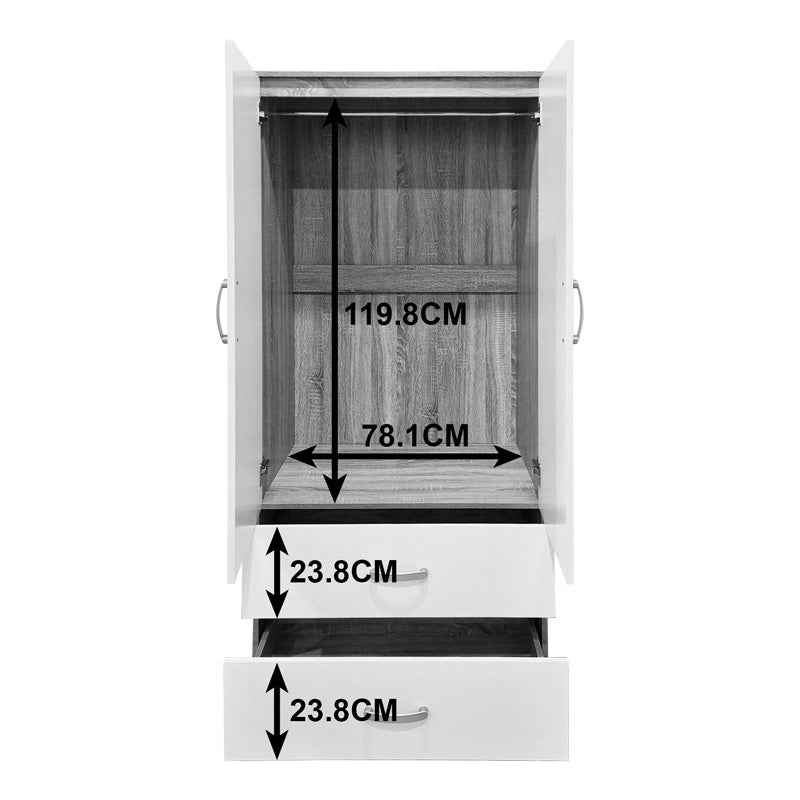 Alb-Sonoma | SKU: 383-000321 | Dulap de haine Alvia cu 2 uși și 2 sertare, 80x52x180 cm, varianta Alb-Sonoma, produs pentru amenajarea locuinței, disponibil online în România la CasaMob