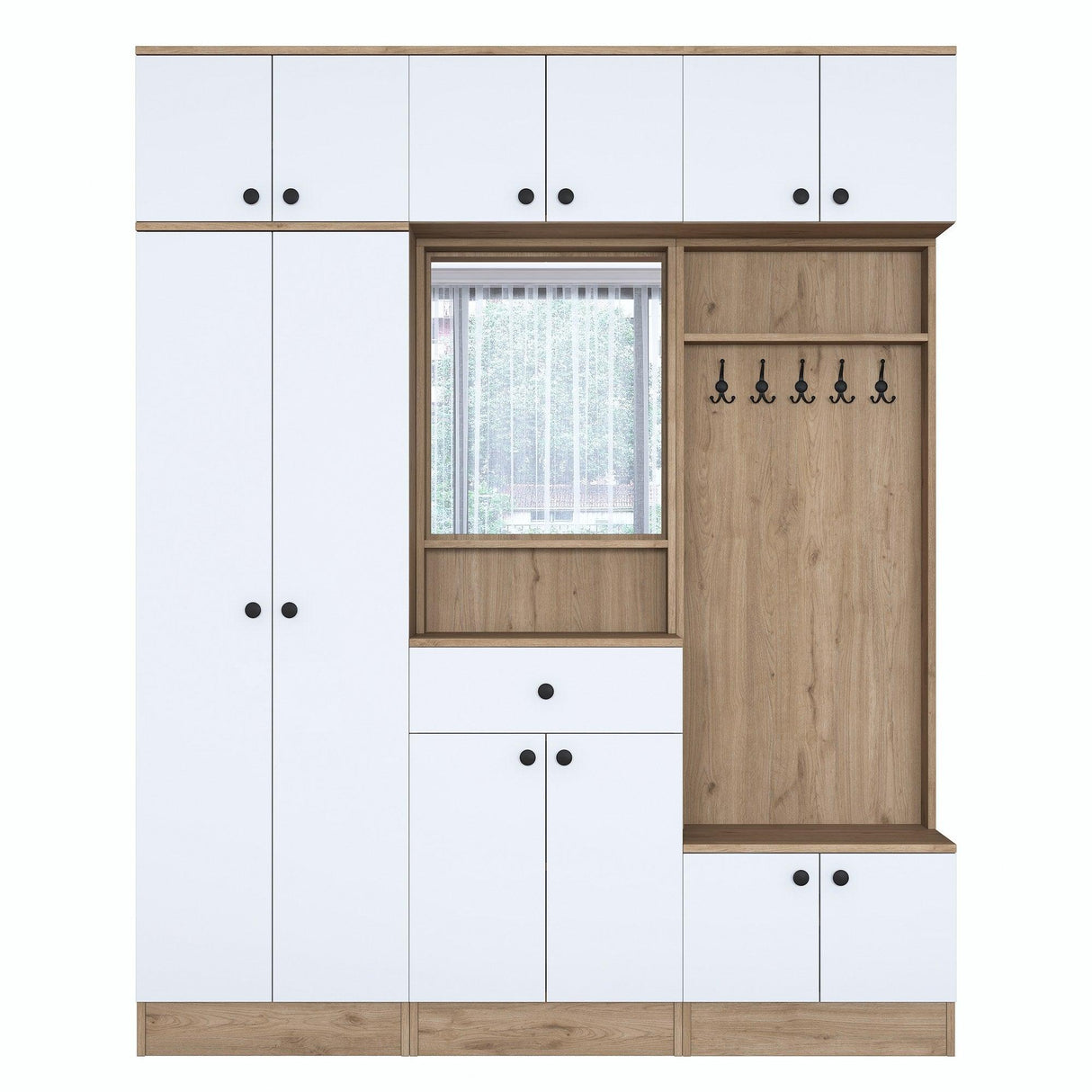 Dulap de hol cu Cuier si Pantofar 12 usi cu oglinda, Nuc, 180x226x38 cm