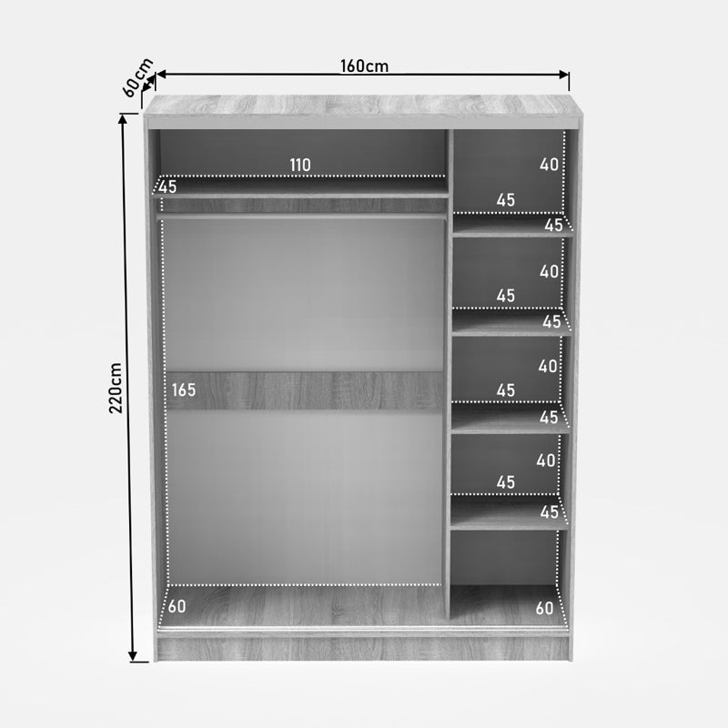 Dulap dormitor cu oglinda Korredor, Alb - Stejar, 160x60x220 cm - Alb