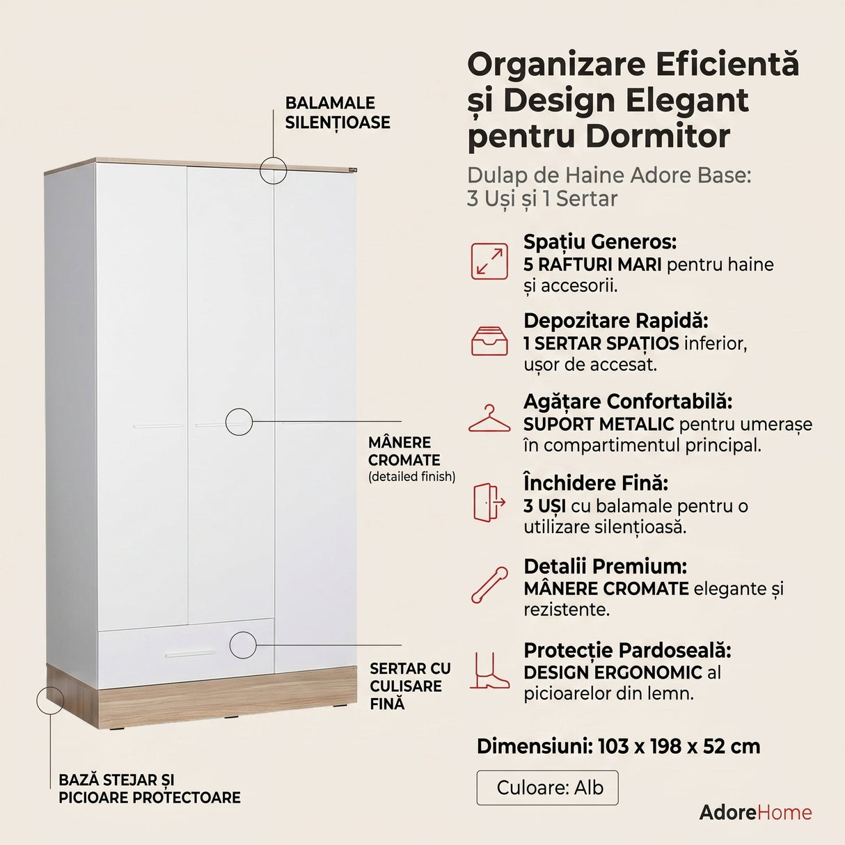 Dulap Haine GRD-831-MB-3 Home Collection® Base, 3 usi, 1 sertar, Alb, 103x198x52 cm