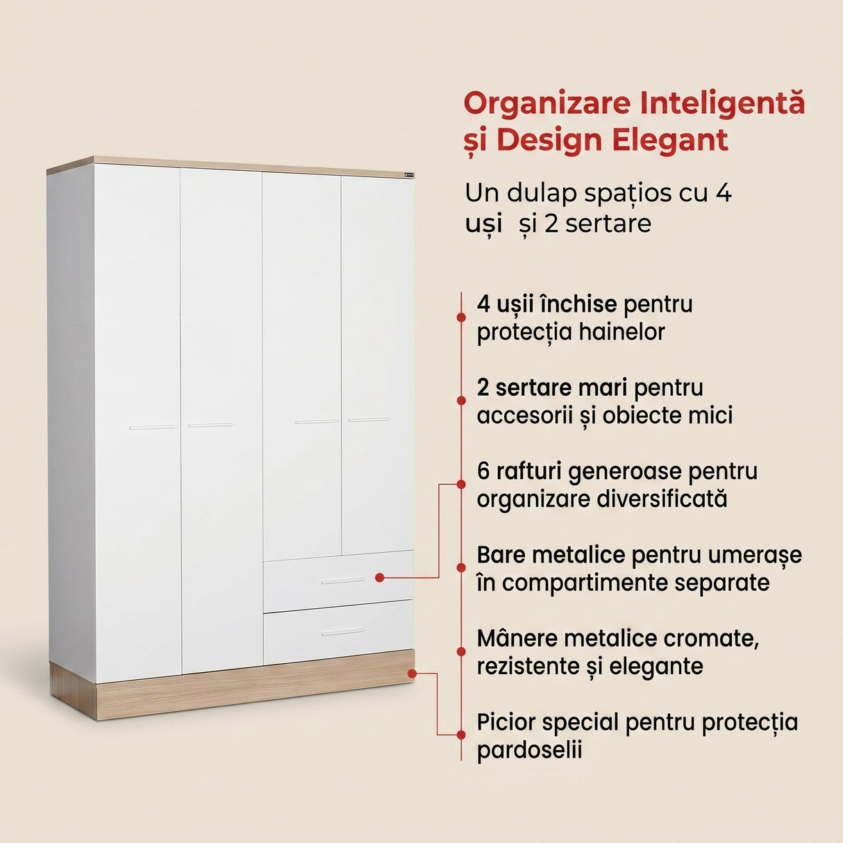 Dulap Haine GRD-842-MB-3 Home Collection® Base, 4 usi, 2 sertare, Alb, 137x198x52 cm