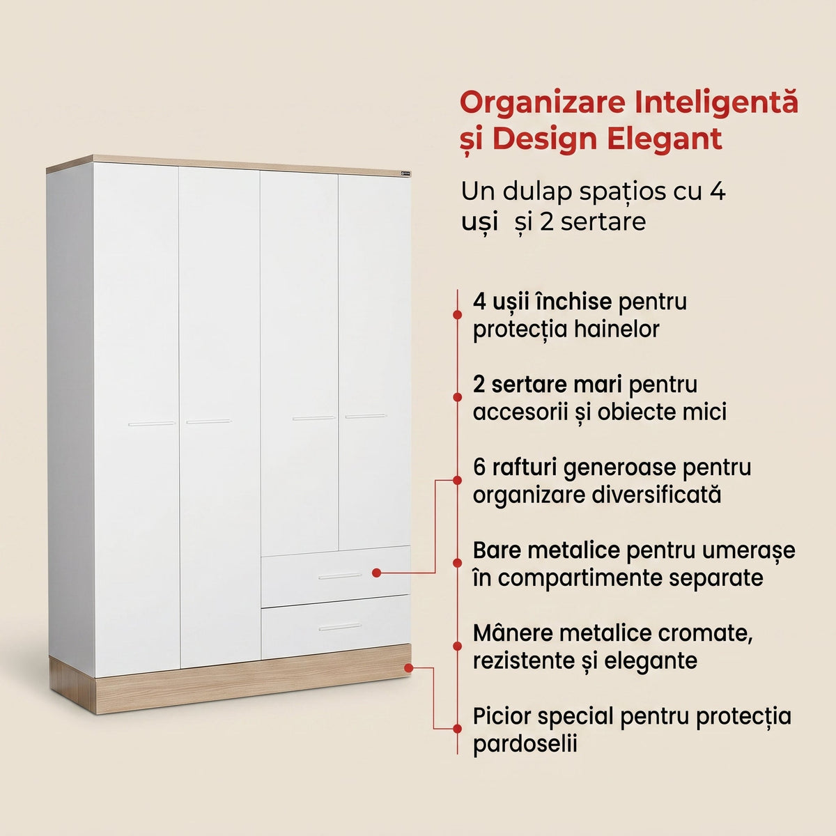 Dulap Haine Adore Base, 4 usi, 2 sertare, Alb, 137 x 198 x 52 cm | SKU: GRD-842-MB-3