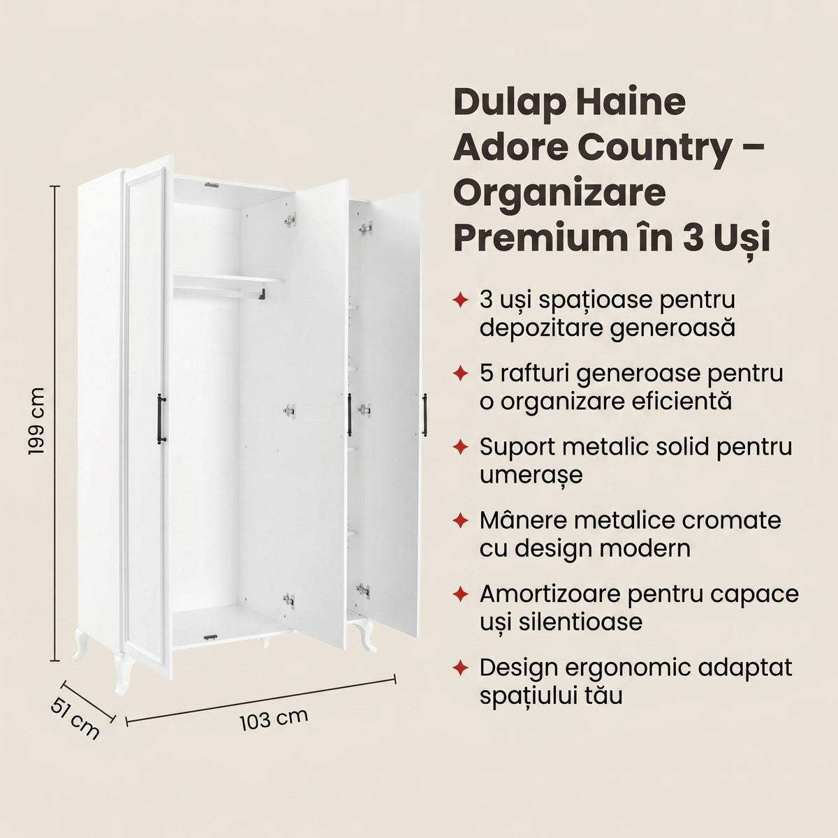 Dulap Haine Adore Country, 3 usi, Alb, 103x199x51 cm, detaliu produs | SKU: GRD-1030-DD-3