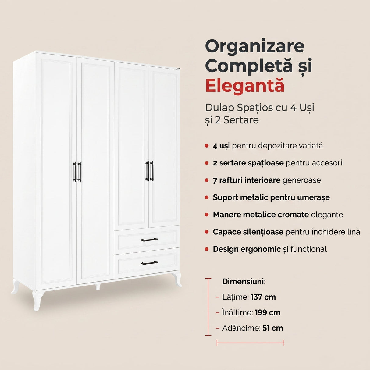 Dulap Haine GRD-1042-DD-3 Home Collection® Country, 4 usi cu 2 sertare, Alb, 137x199x51 cm