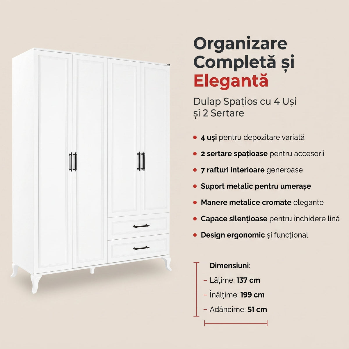 Dulap Haine Adore Country, 4 usi cu 2 sertare, Alb, 137x199x51 cm, detaliu produs | SKU: GRD-1042-DD-3