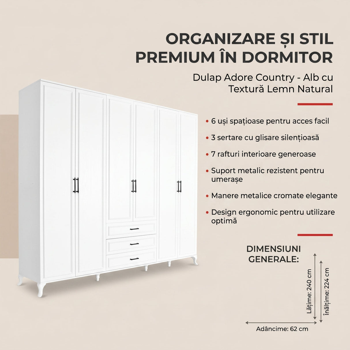 Dulap Haine GRD-1063-DD-5 Home Collection® Country, 6 usi cu 3 sertare, Alb, 240x224x62 cm