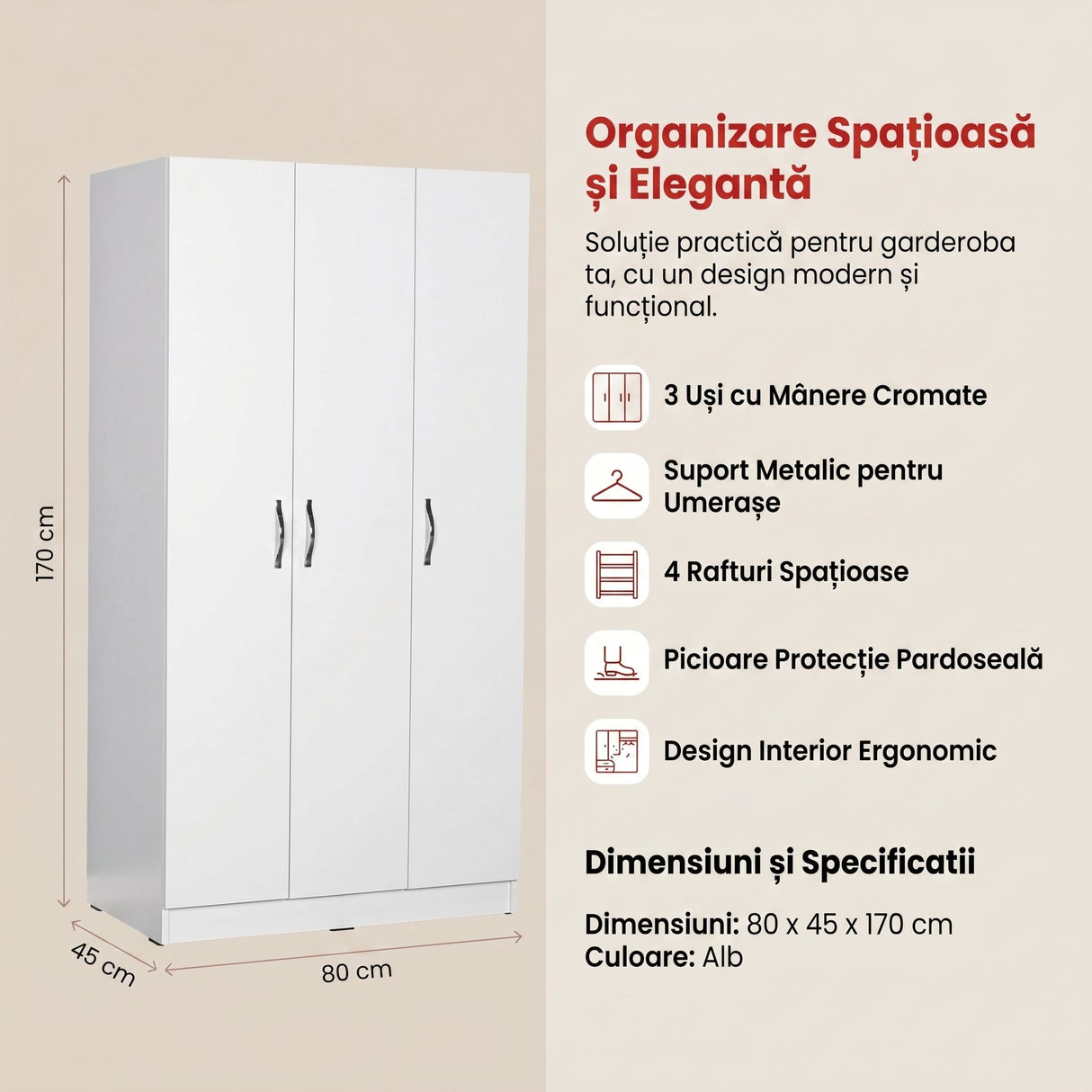 Dulap Haine a6030 Home Collection® Diamond 3 Usi cu umeras, Alb, 80x45x170 cm