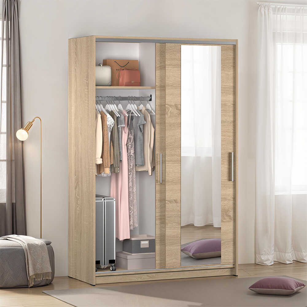 Dulap Haine SWD-512-BB-2 Home Collection® Elit Mediu, 2 usi glisante cu oglinda, Alb - Natur - Sonoma, 120x182x52 cm - Sonoma | SKU: SWD-512-SN-2