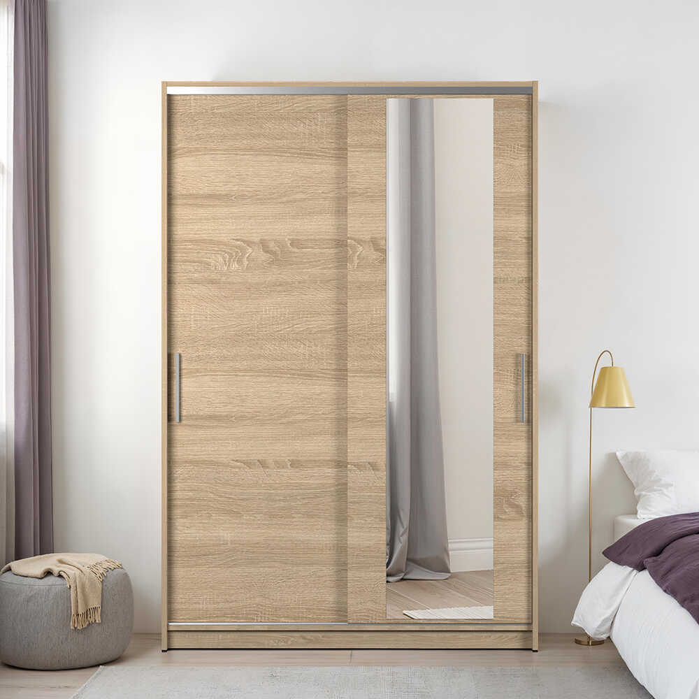 Dulap Haine SWD-512-BB-2 Home Collection® Elit Mediu, 2 usi glisante cu oglinda, Alb - Natur - Sonoma, 120x182x52 cm - Sonoma | SKU: SWD-512-SN-2
