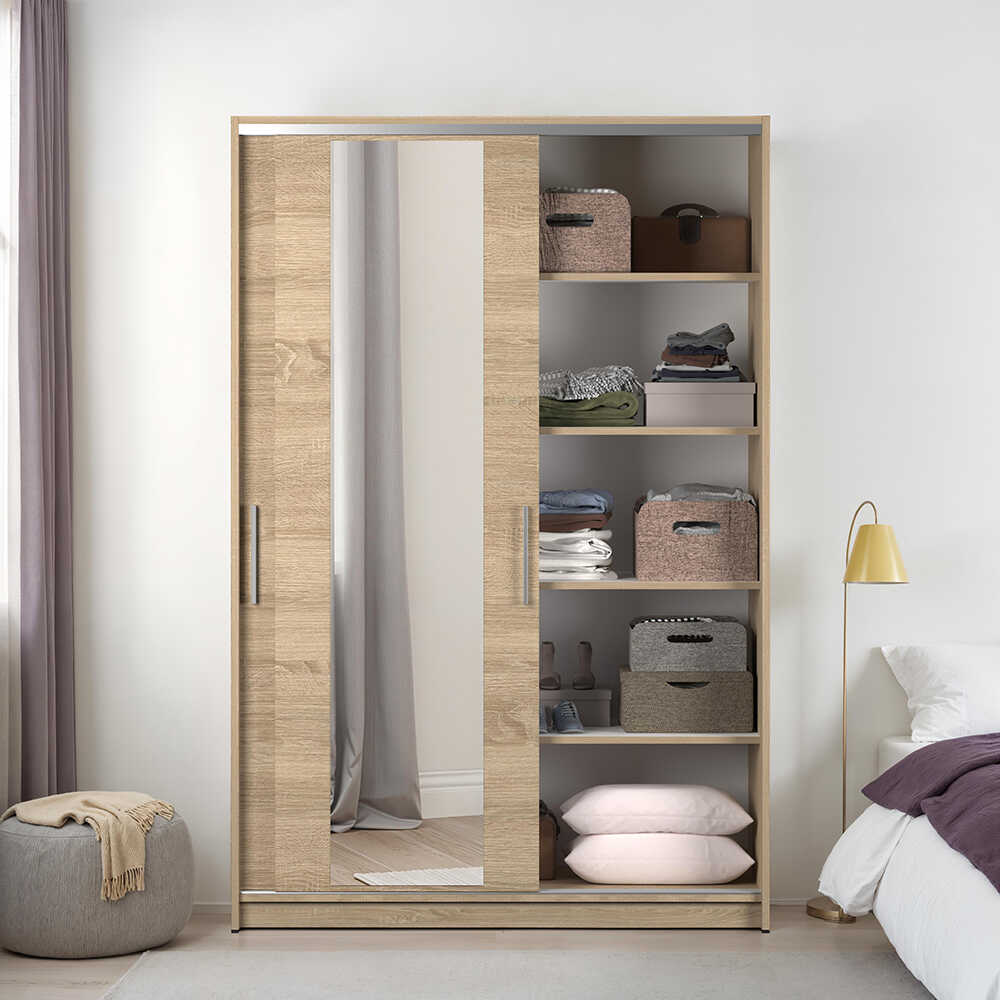 Dulap Haine SWD-512-BB-2 Home Collection® Elit Mediu, 2 usi glisante cu oglinda, Alb - Natur - Sonoma, 120x182x52 cm - Sonoma | SKU: SWD-512-SN-2