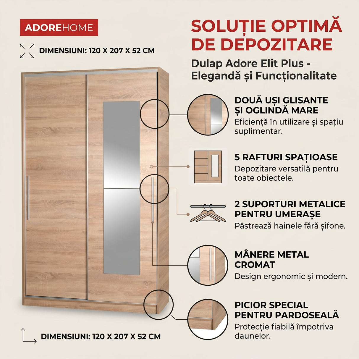 Dulap Haine SWD-713-TT-2 Home Collection® Elit Plus, 2 usi glisante cu oglinda, Sonoma, 120x207x52 cm
