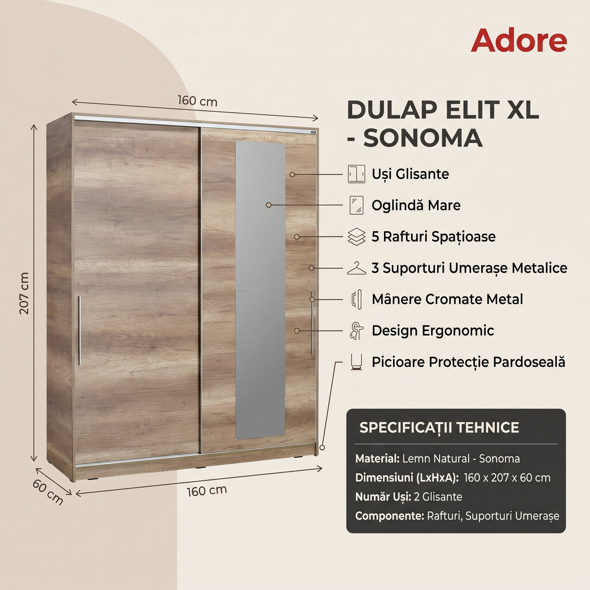 Dulap Haine SWD-716-TT-3 Home Collection® Elit XL, 2 usi glisante cu oglinda si 3 umarase, Lemn, Natural - Sonoma, 160x207x60 cm