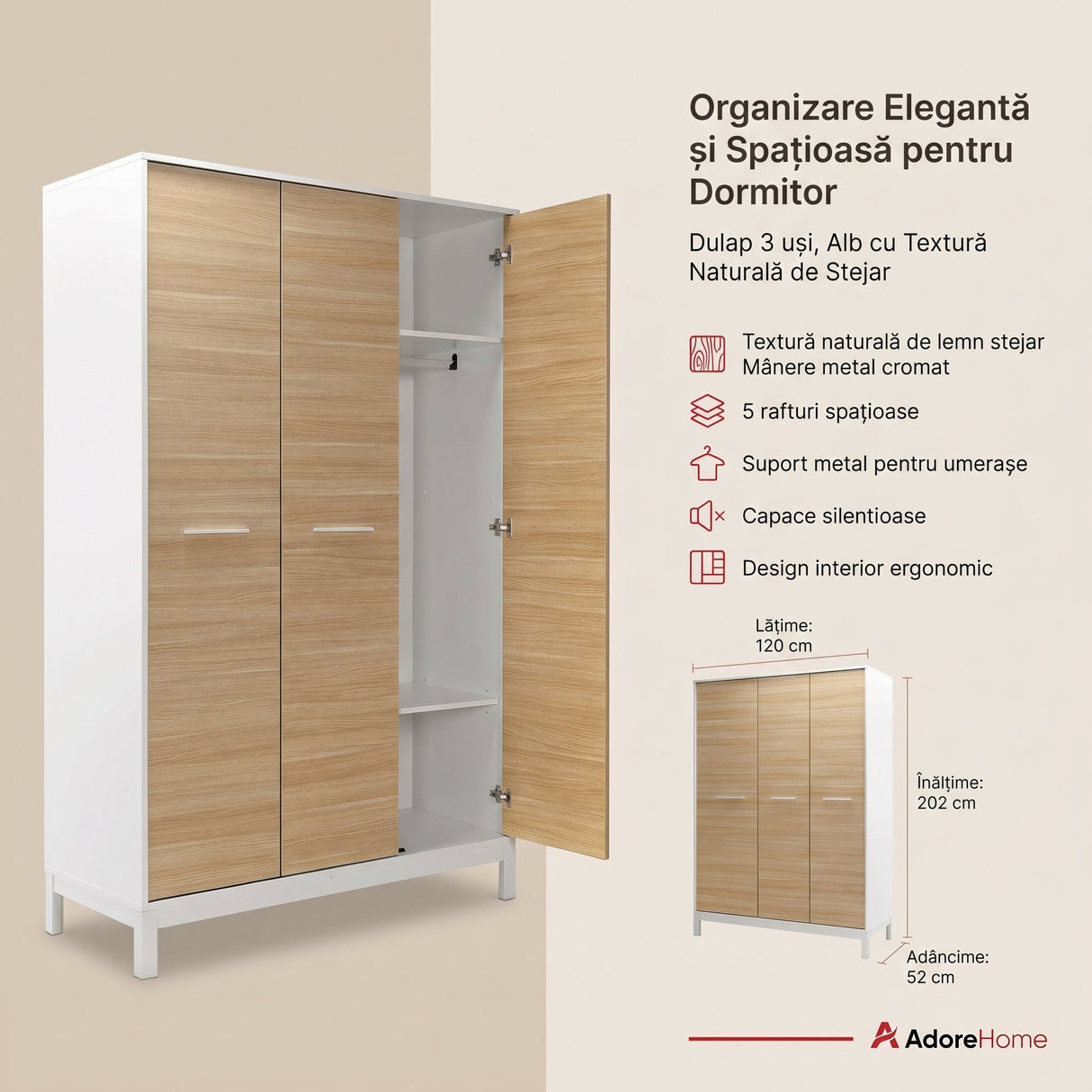 Dulap Haine GRD-1430-MB-3 Home Collection® London, 3 usi, Alb - Stejar, 120x202x52 cm