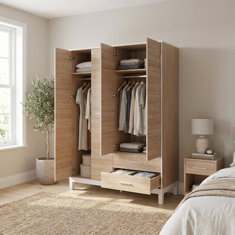 Dulap Haine GRD-1442-MB-3 Home Collection® London, 4 usi si 2 sertare, Alb - Stejar, 159x202x52 cm